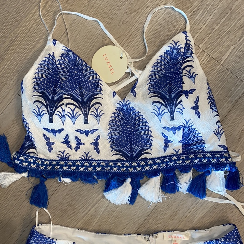 New Blue and White Tassled Romper Set by Luxxel - Picture 4 of 8
